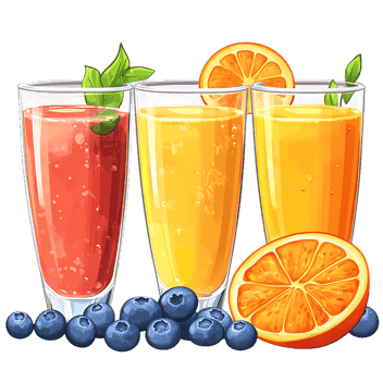 Refreshing fruit juices, strawberry, orange, blueberry.