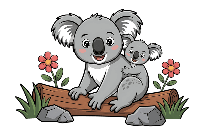 Cartoon koala with baby joey on log illustration