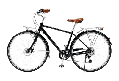 Black commuter bicycle with silver accessories and brown seat