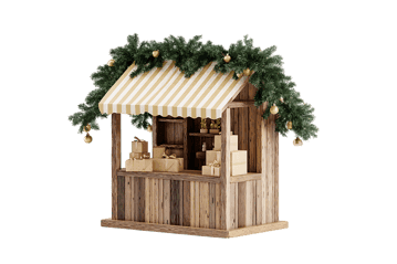 Wooden Christmas market stall with gifts and decorations.
