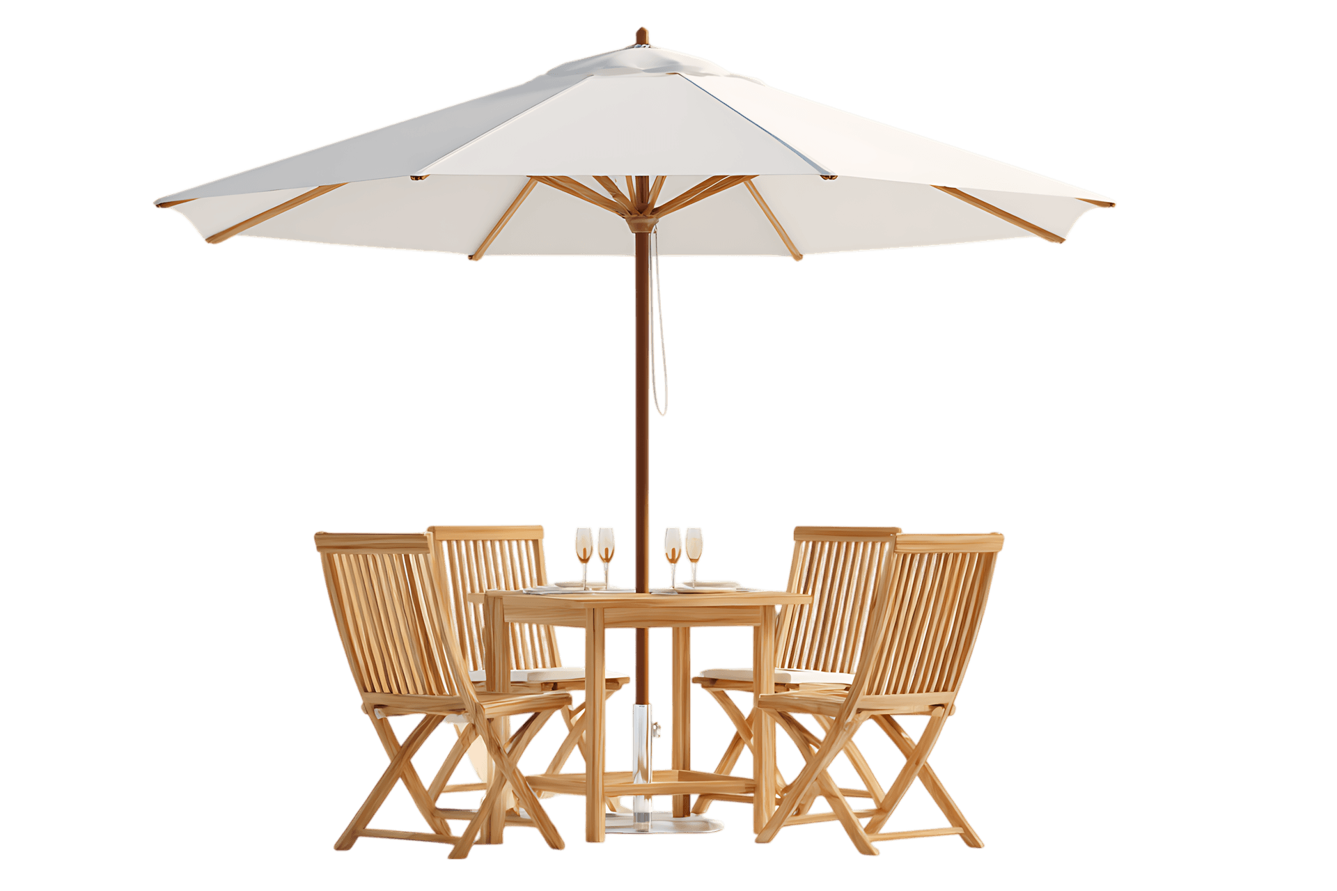 Elegant teak wood patio furniture with a white parasol. Perfect for outdoor dining and relaxation.