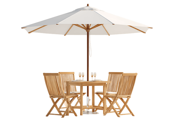 Elegant teak wood patio furniture with a white parasol. Perfect for outdoor dining and relaxation.