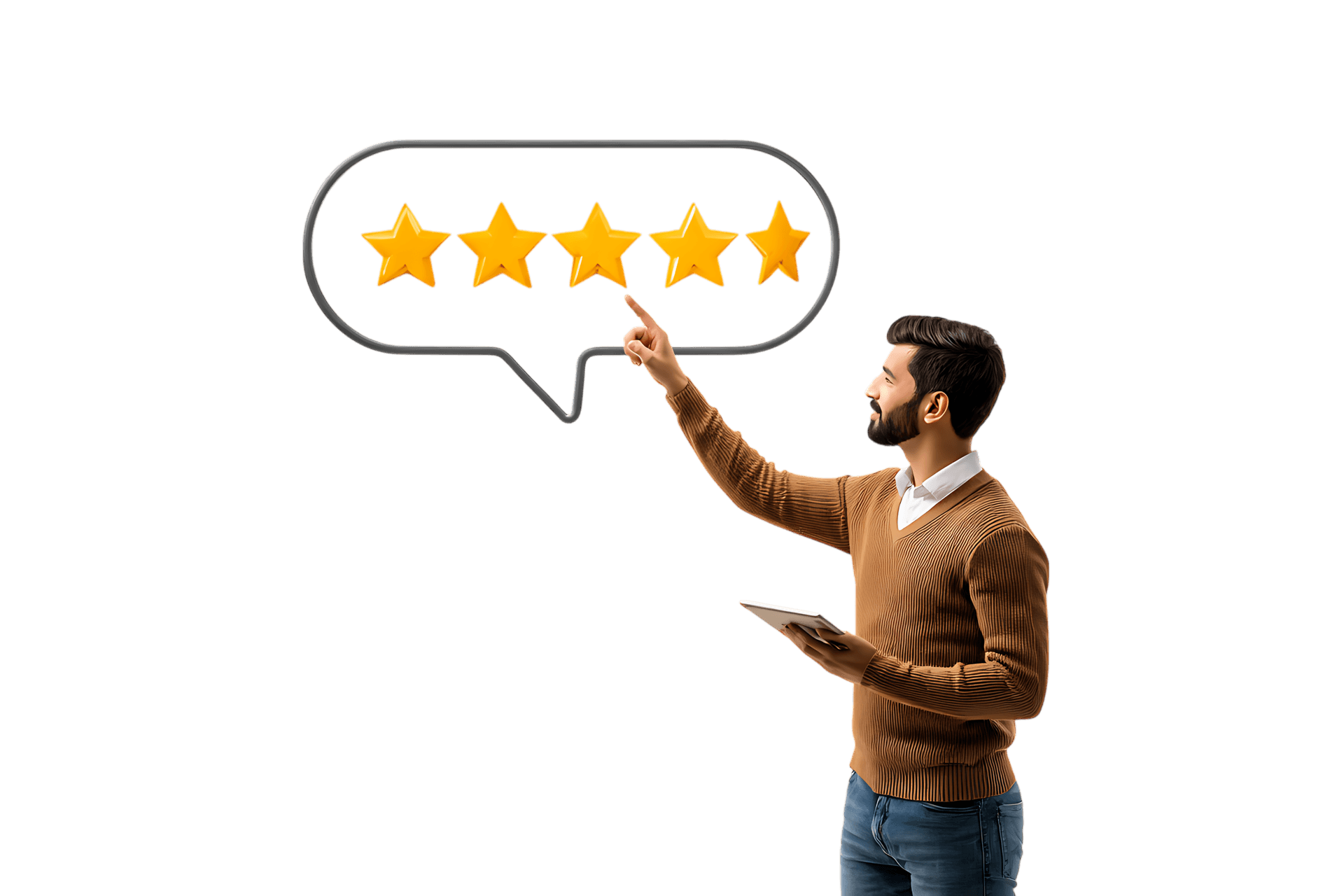 Man pointing at five star rating in speech bubble.