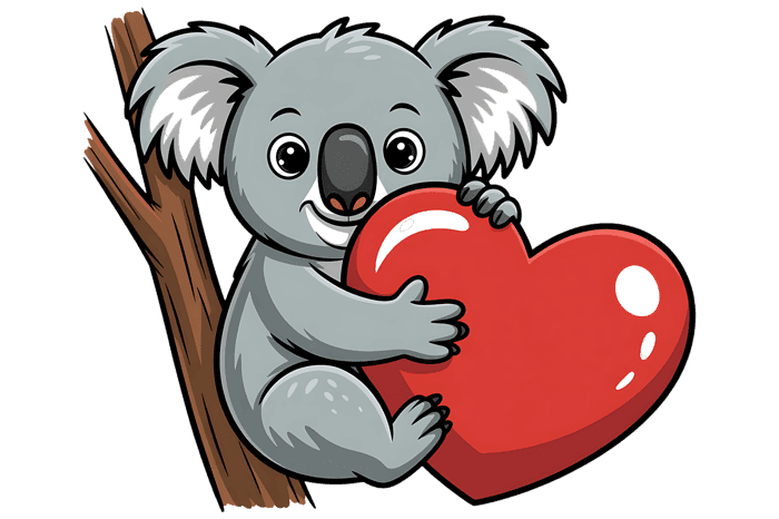Cartoon koala holding a red heart