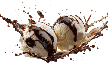 Two scoops of vanilla ice cream with chocolate sauce367.