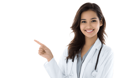 Smiling female doctor points right634