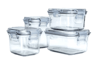 Set of clear glass food storage containers with lids.