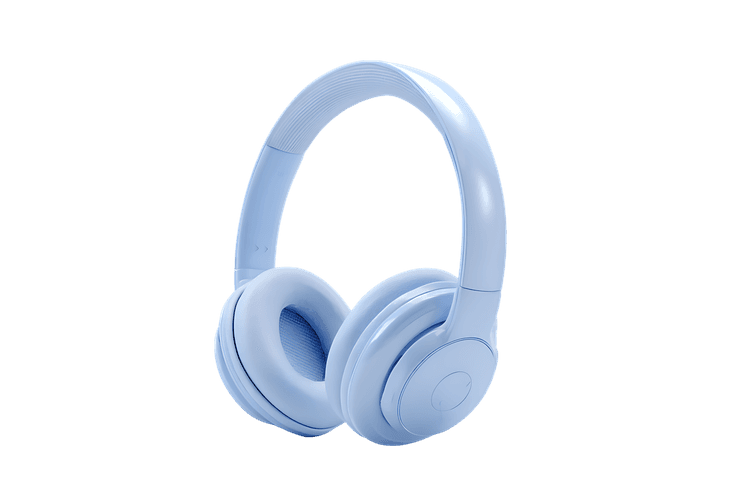 Light blue headphones on a black background.