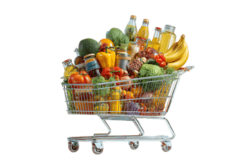 Full shopping cart of groceries.