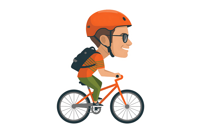 Cartoon man riding a bike with helmet and backpack