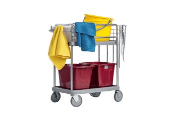 Cleaning cart with supplies, ready for work.
