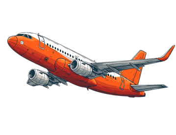 Orange airplane flying in the sky, aviation illustration