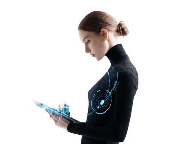 Woman interacts with a futuristic holographic tablet.