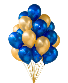 A cluster of gold and blue balloons.