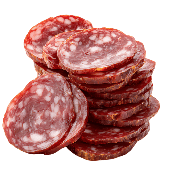 Sliced salami on a black background