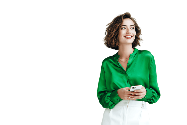 Happy woman using smartphone, looking up. Technology and connection.