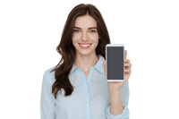 Happy young woman presenting a smartphone with a blank screen.
