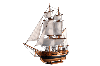 Detailed sailing ship model with white sails
