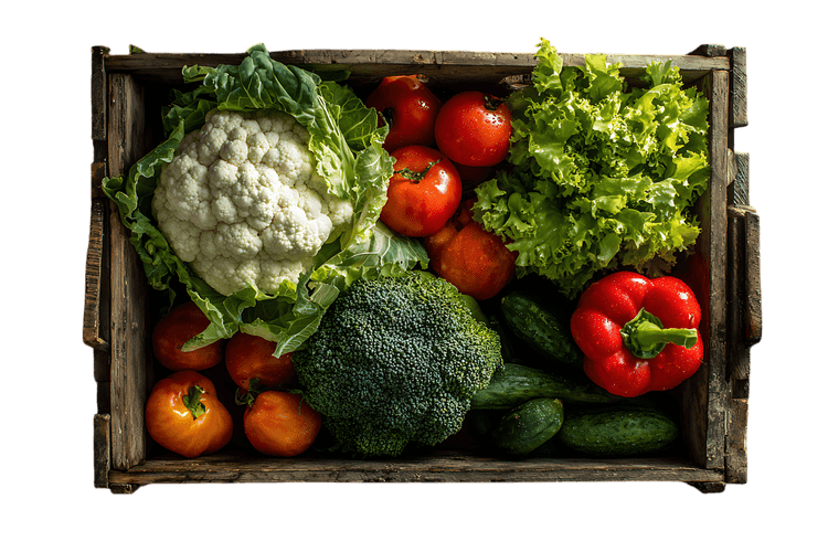 Fresh organic vegetables in a rustic wooden crate267.