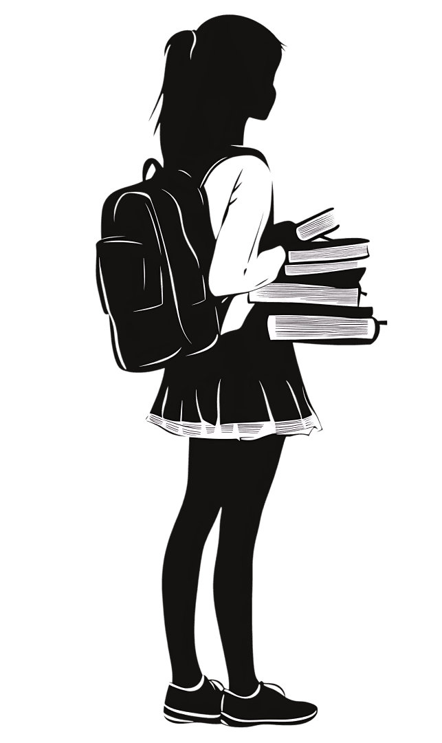Silhouette of student with backpack and books