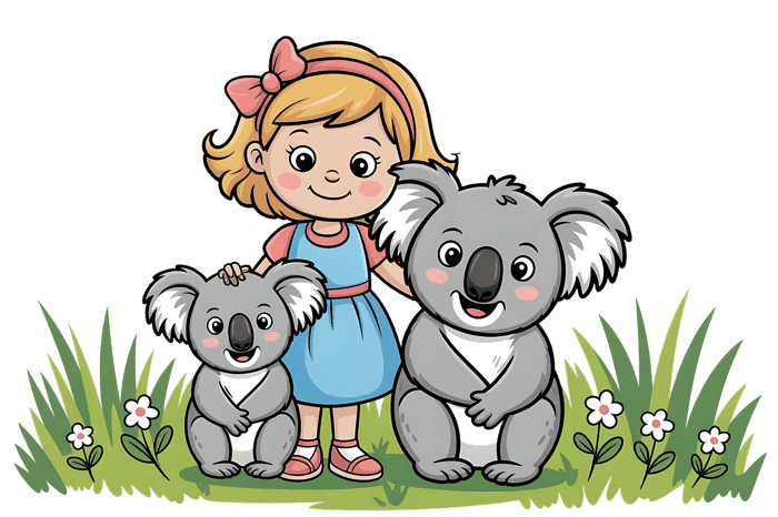 Cartoon girl with koalas illustration