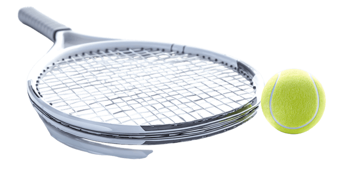 Close up of tennis racket and ball on black background.