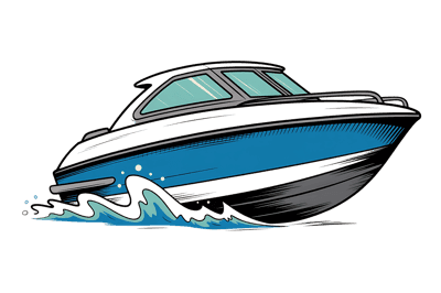 Illustration of a blue motorboat on the water