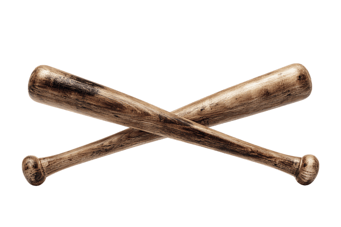 Two weathered baseball bats crossed, isolated on black background.