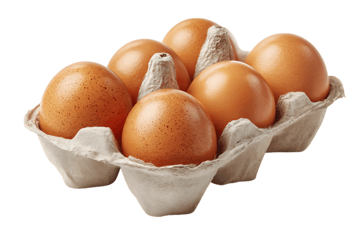 Fresh brown eggs in a cardboard egg carton.