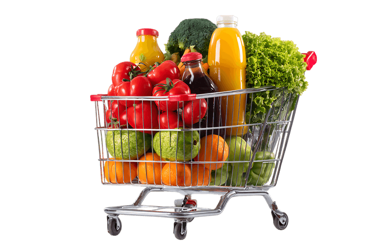 Full shopping cart with fresh produce and drinks.