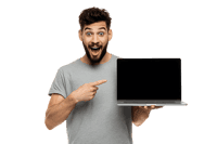 Excited man presenting laptop with blank screen.
