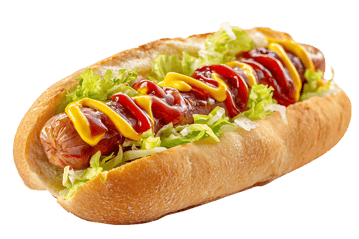 Savory hot dog with ketchup and mustard.