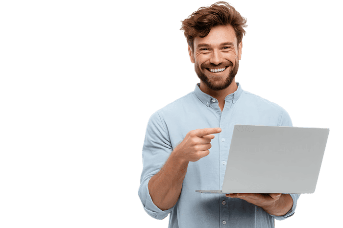 Smiling man presenting laptop, technology concept