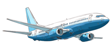 Blue and white passenger airplane in flight illustration