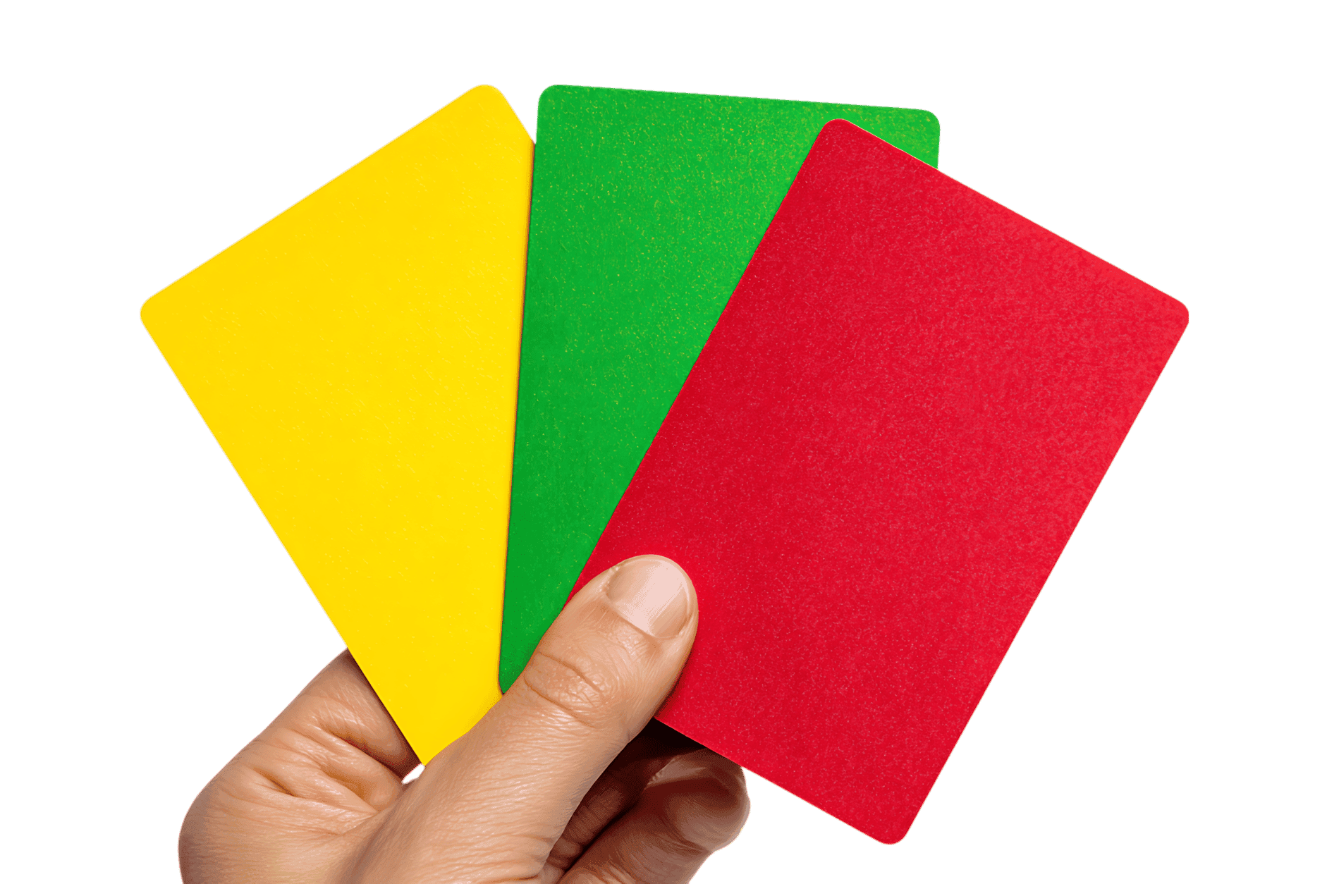 Hand holding yellow, green, and red cards.