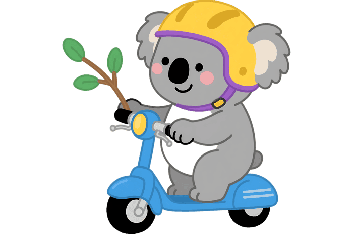 Cartoon koala on scooter with helmet and branch