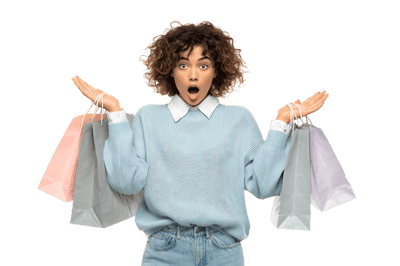 Surprised woman holding shopping bags.
