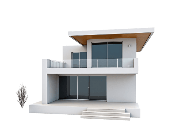 Modern white house with glass windows and balcony