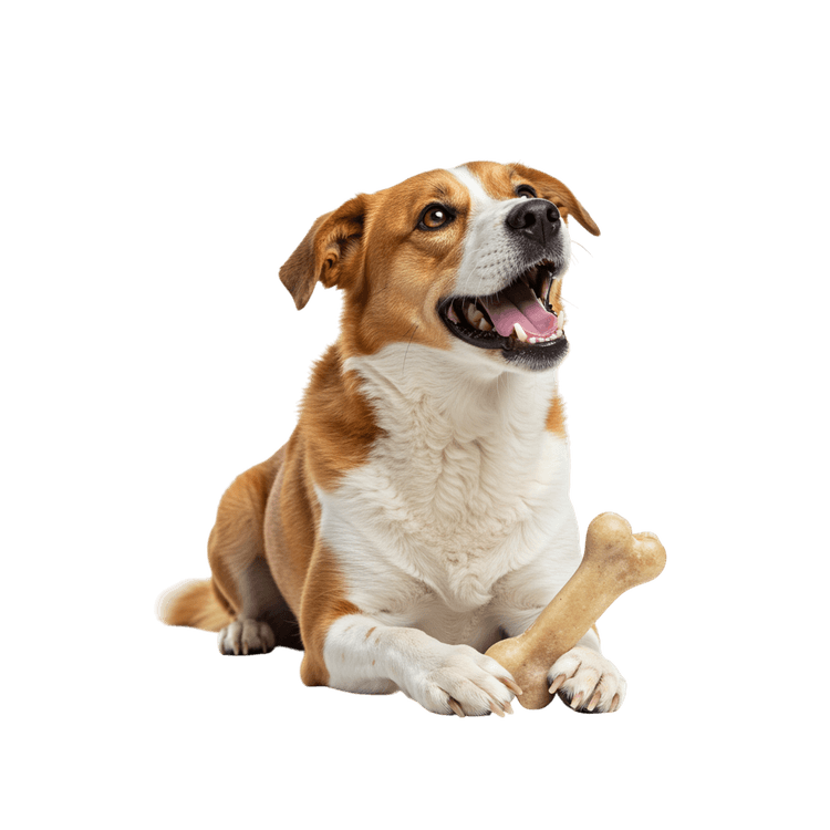 Happy dog with bone looking up