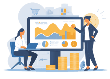 Businesswomen analyzing financial data on a large screen