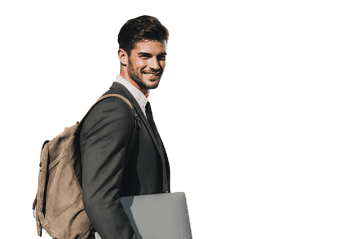 Smiling businessman with backpack and laptop