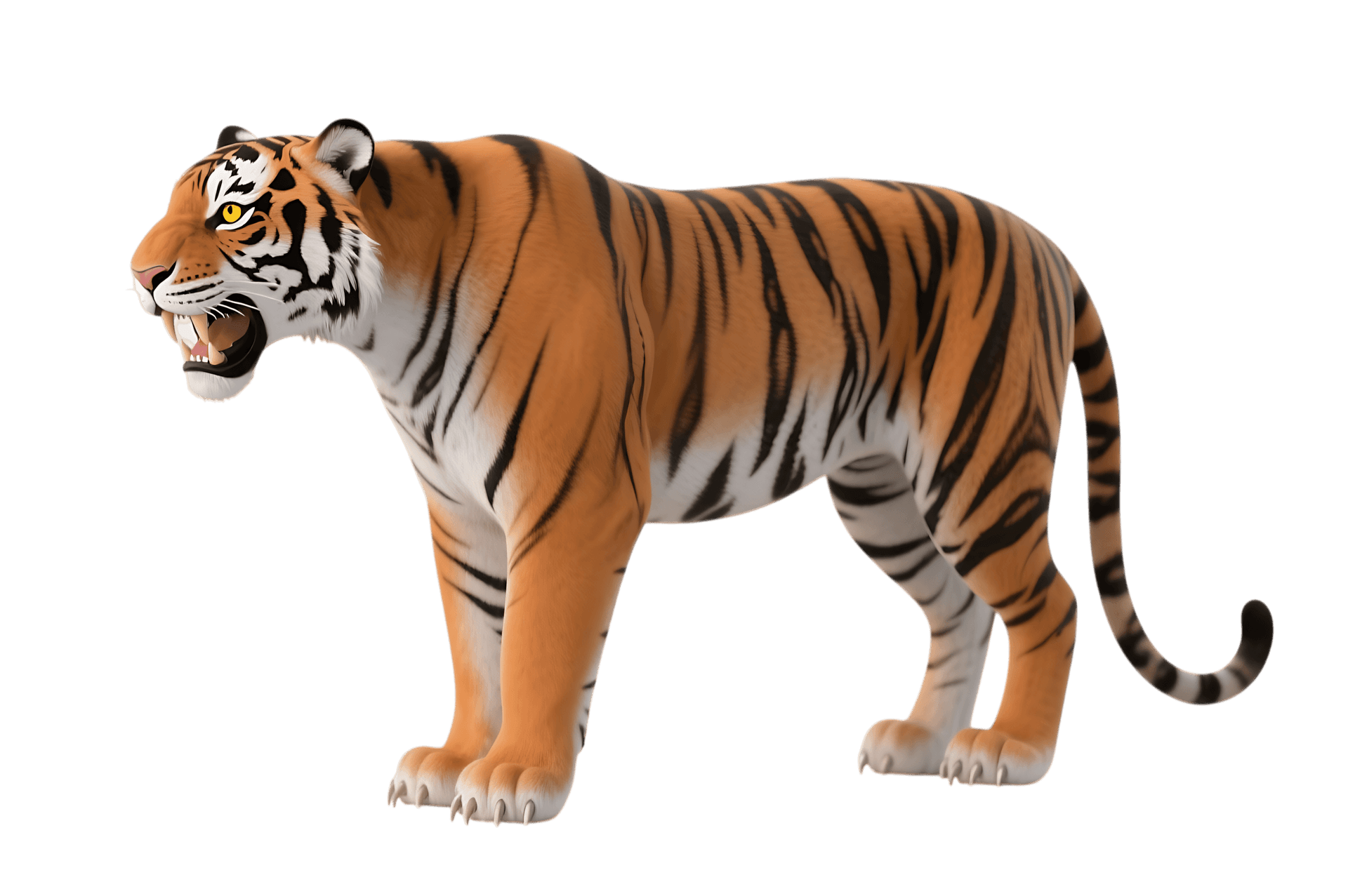Roaring tiger with teeth showing on transparent background