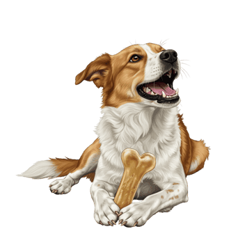 Happy dog with bone looking up, isolated on transparent background
