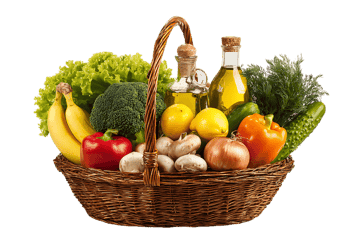 Fresh fruit, vegetables, and olive oil in a wicker basket.