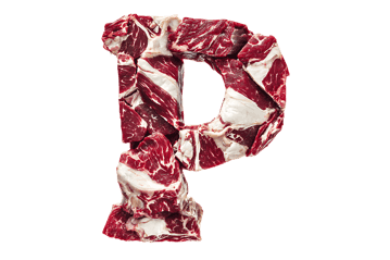 Letter P made of raw meat on black background.
