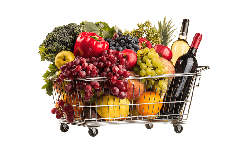 Grocery shopping cart full of fresh fruits, vegetables, and wine.