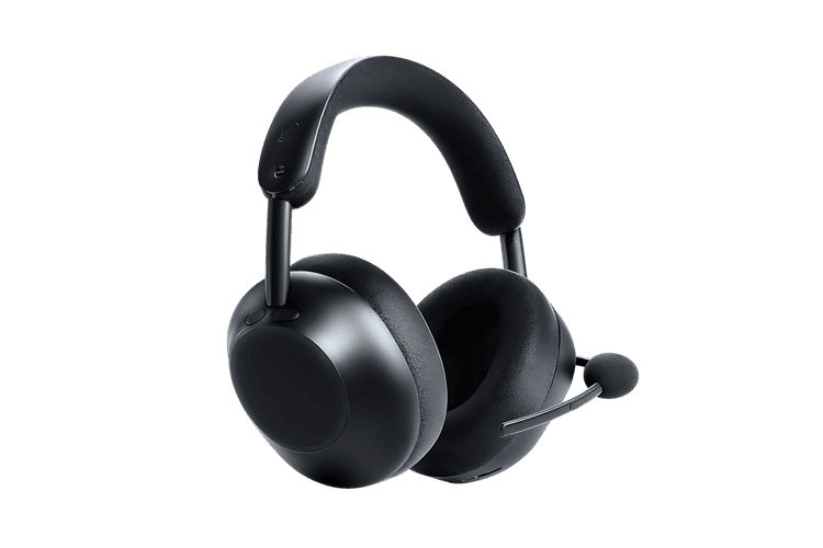 Black headset with microphone, isolated on black background.