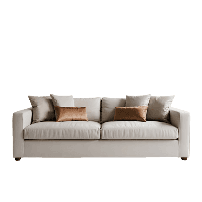 Beige sofa with pillows isolated on white background