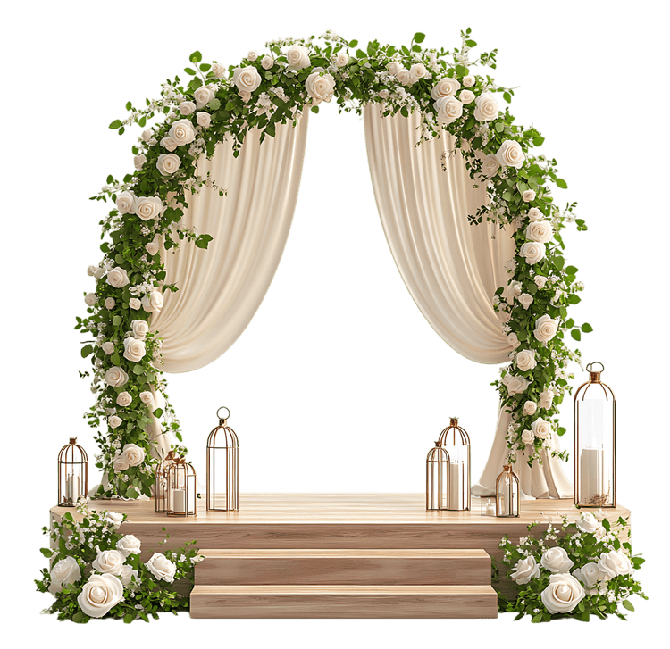 Elegant wedding ceremony backdrop with floral arch and lanterns.