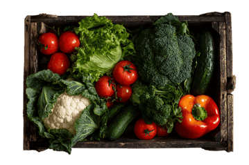 Fresh organic vegetables in a rustic wooden crate703.